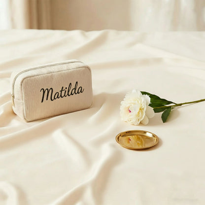 Personalised Embroidery Corduroy Makeup Bag — Custom Name Cosmetic Bag Gift for Her