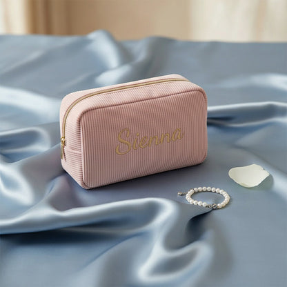Personalised Embroidery Corduroy Makeup Bag — Custom Name Cosmetic Bag Gift for Her