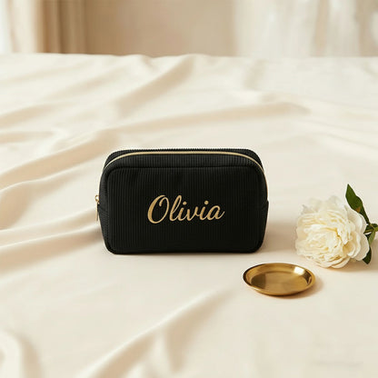 Personalised Embroidery Corduroy Makeup Bag — Custom Name Cosmetic Bag Gift for Her