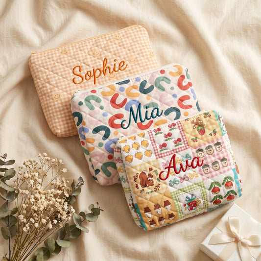 Personalised Quilted Clutch Makeup Bag — Custom Name | Gift for Her