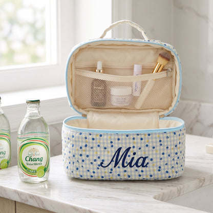 Personalised Quilted Print Train Case - Blue Gingham Dot print with custom name embroidery | SweetCarry