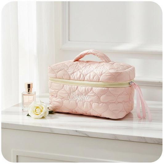 Personalised Embroidery Makeup Bag — Custom Name Quilted Cosmetic Bag Gift for Her