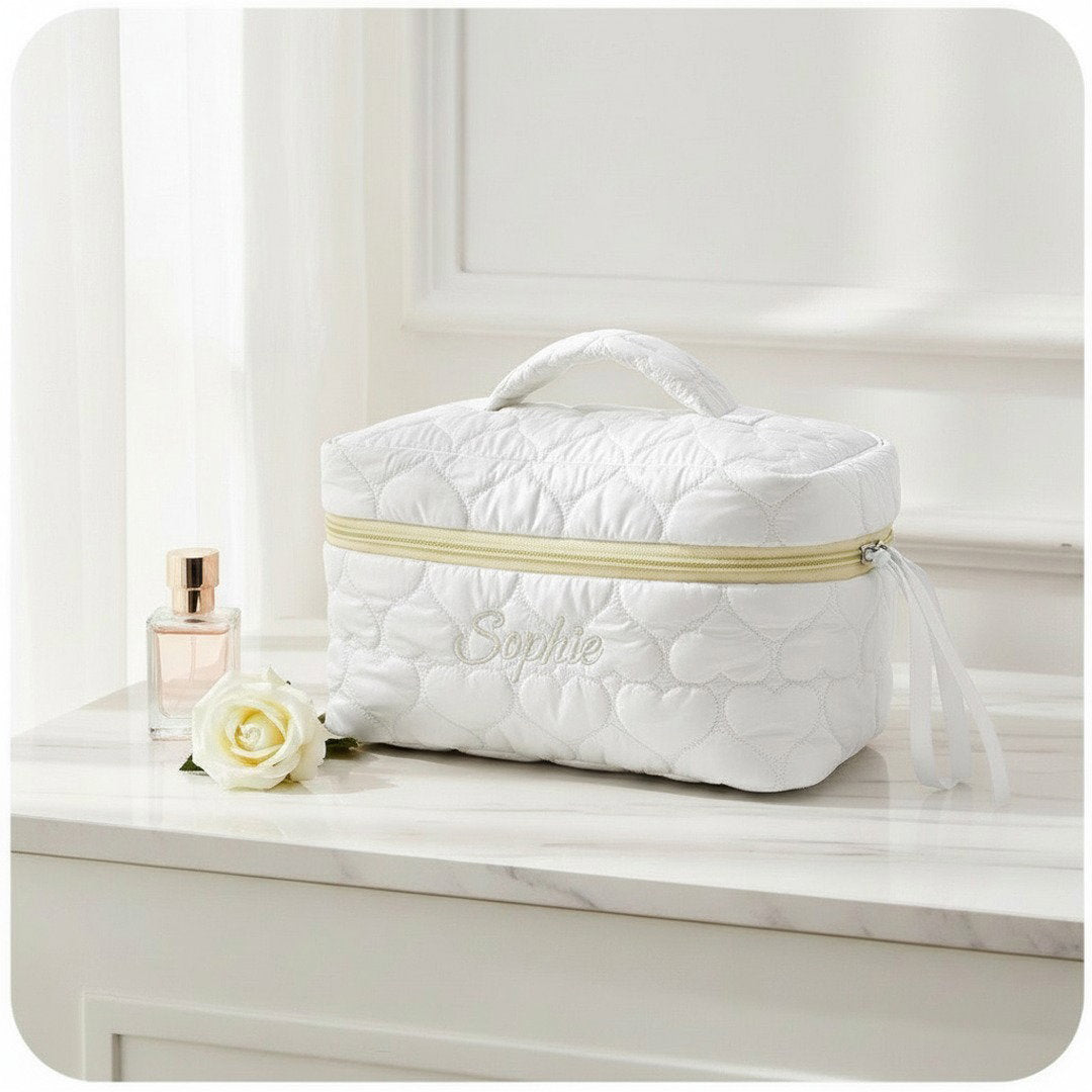 Personalised Embroidery Makeup Bag — Custom Name Quilted Cosmetic Bag Gift for Her