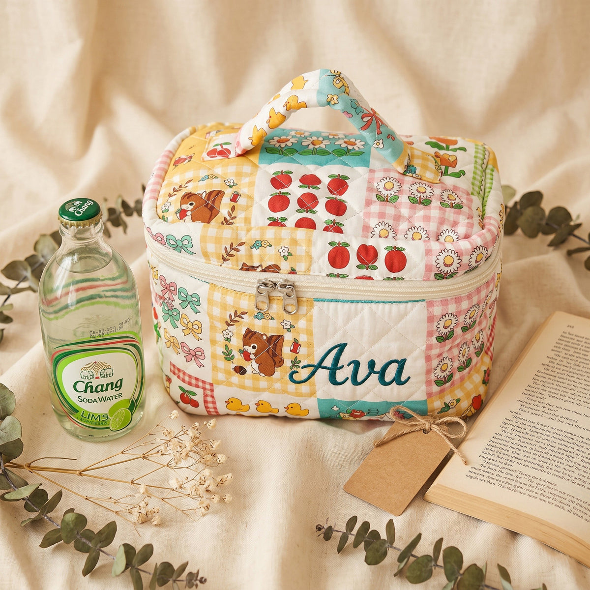 Personalised Quilted Print Train Case - Squirrel Gingham Patchwork print with custom name embroidery | SweetCarry