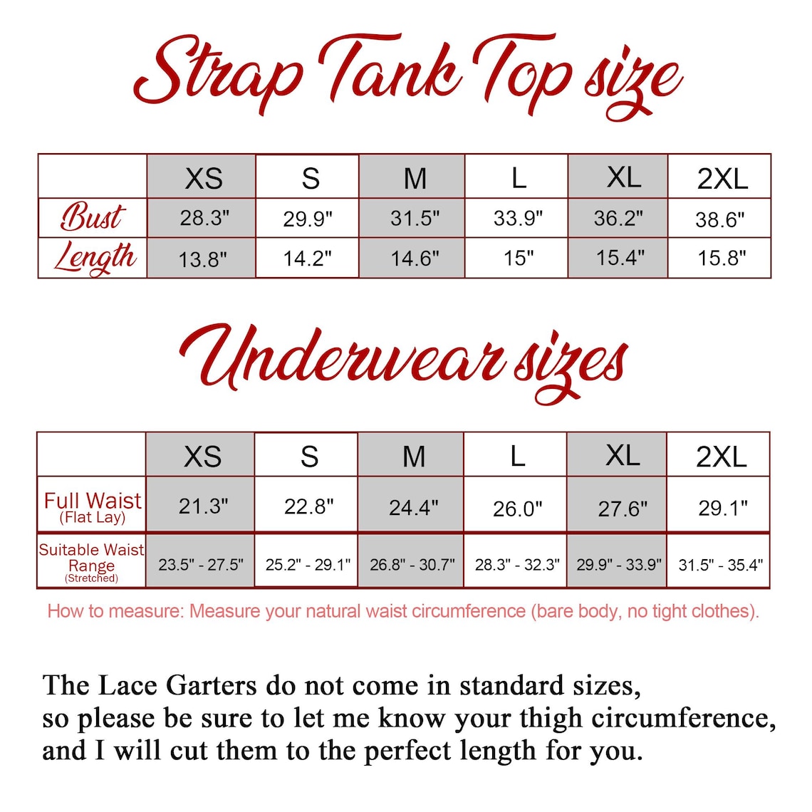 Personalised bridal lingerie set size chart - cami and underwear XS to 2XL | SweetCarry
