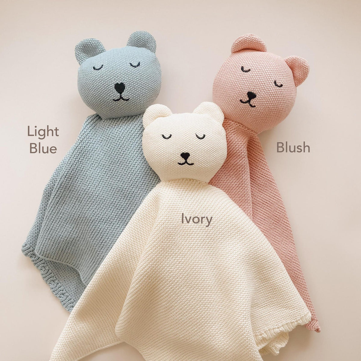 Personalised Knit Bear Lovey - Light Blue, Ivory and Blush colour options | SweetCarry