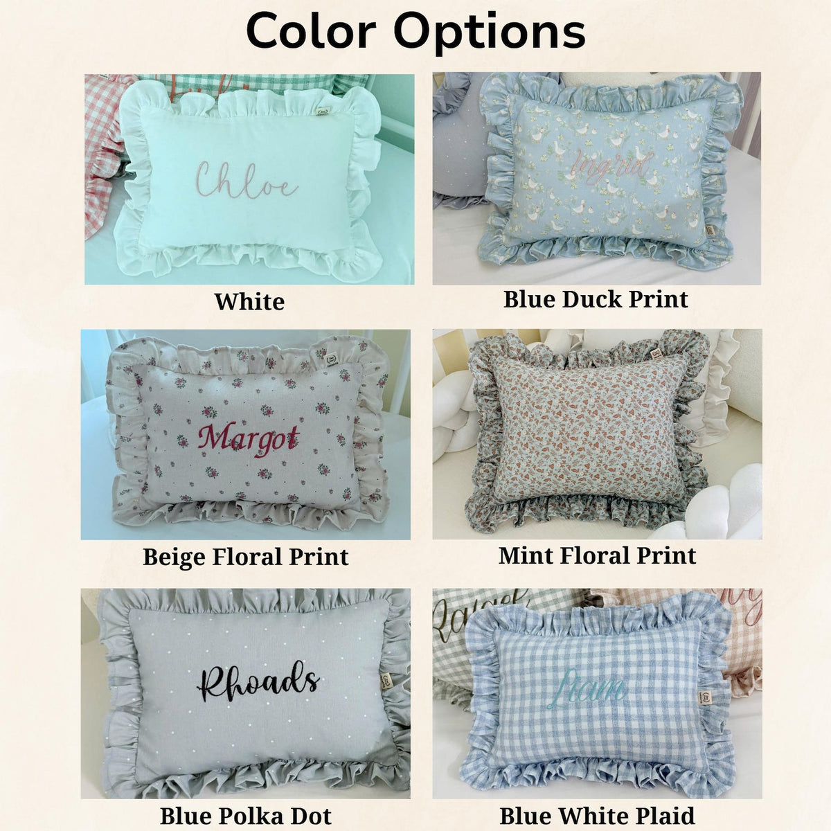 Personalised Ruffle Cushion - fabric swatches and colour range | SweetCarry