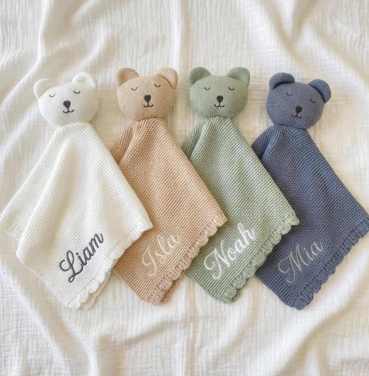 Personalised Knit Bear Lovey - 4 colours with embroidered names | SweetCarry