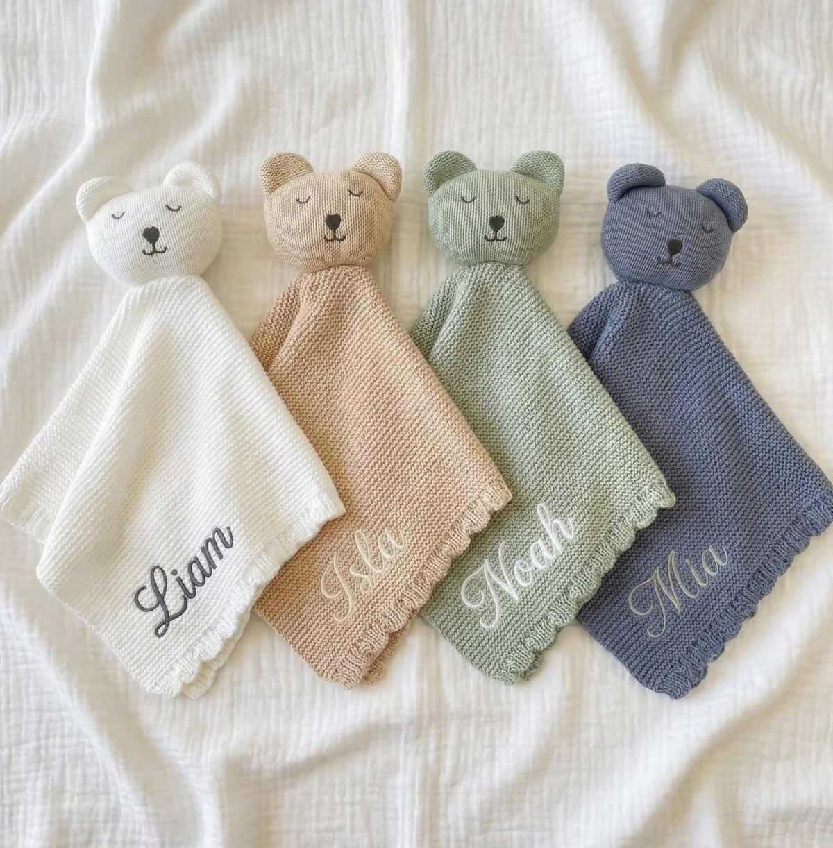 Personalised Knit Bear Lovey - 4 colours with embroidered names | SweetCarry
