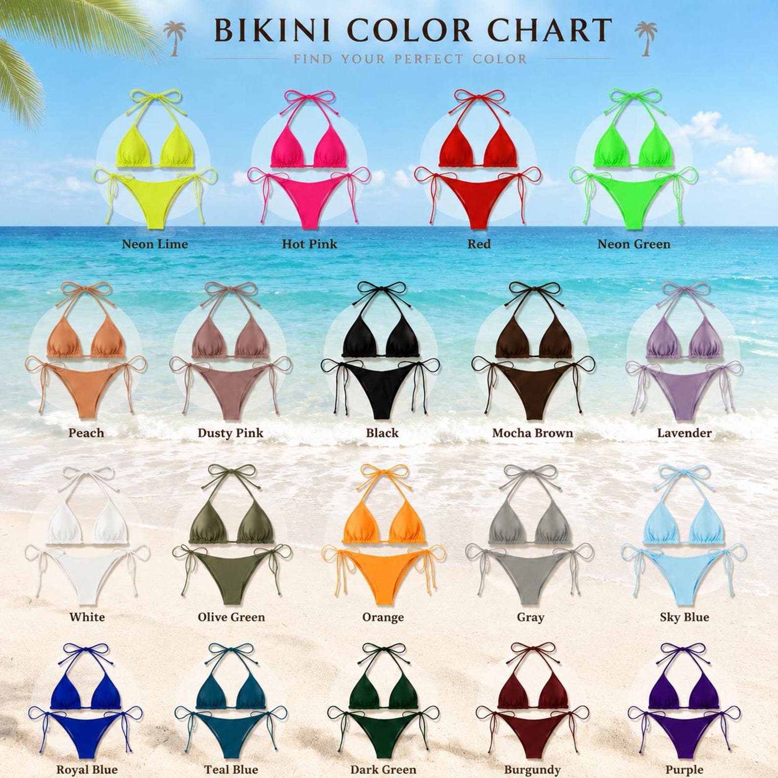 Personalised embroidered bikini set - 19 colour options colour chart | SweetCarry