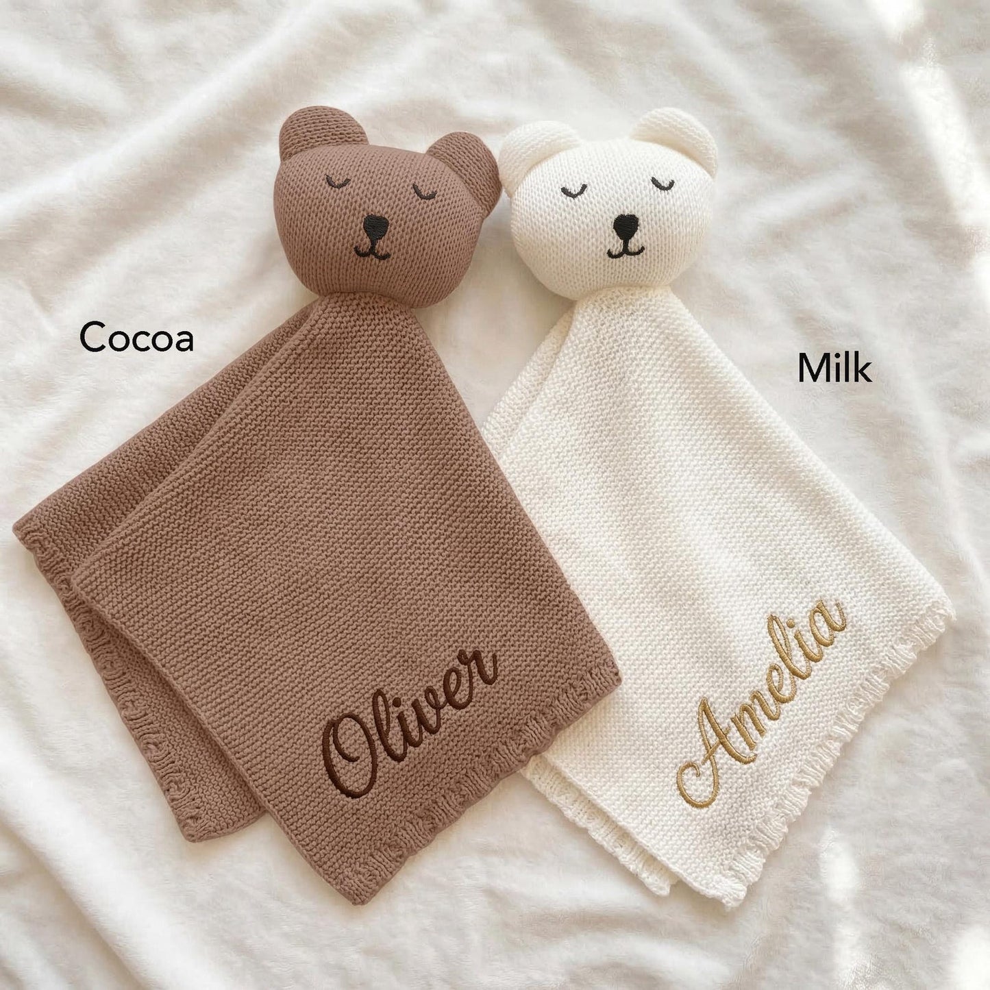 Personalised Knit Bear Lovey - Cocoa and Ivory colour comparison | SweetCarry