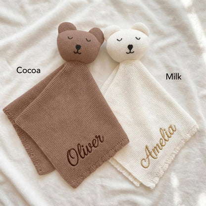 Personalised Knit Bear Lovey - Cocoa and Ivory colour comparison | SweetCarry