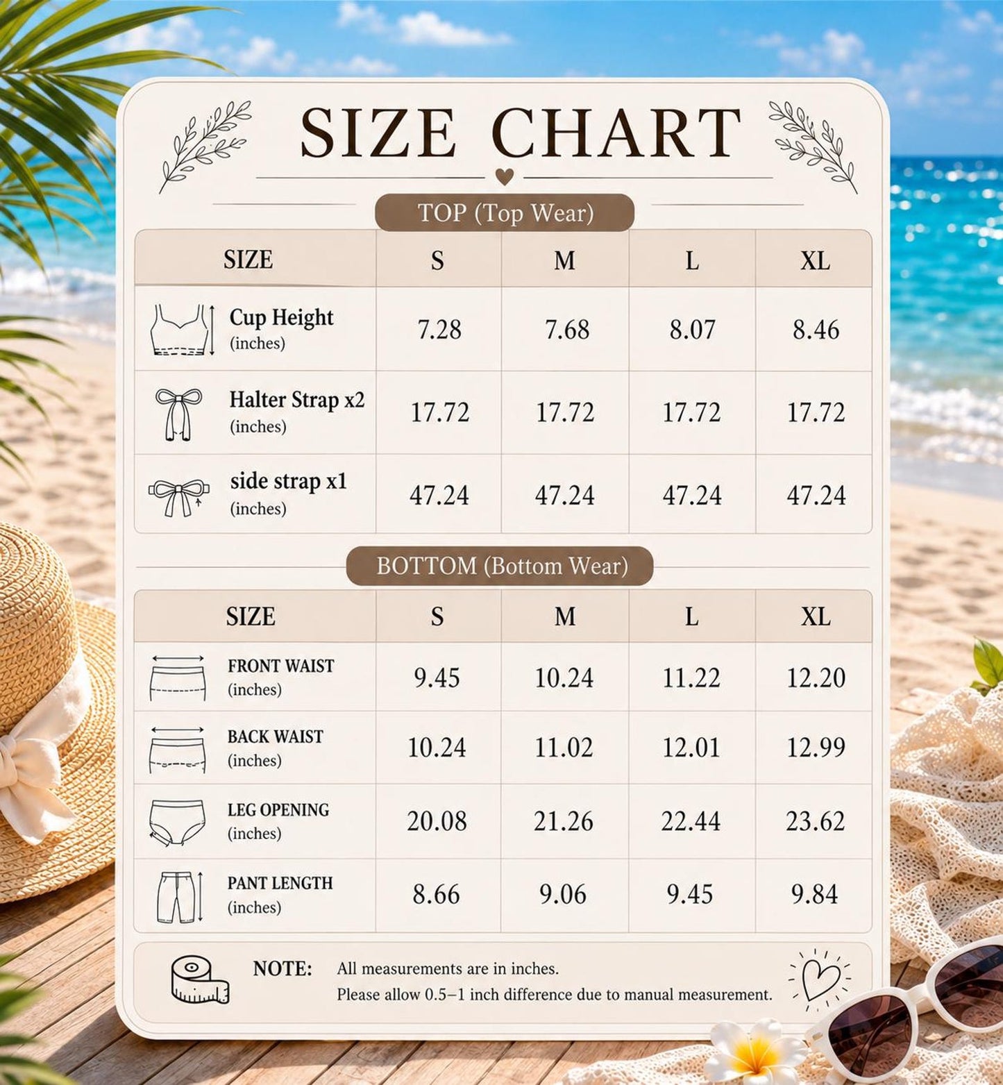 Personalised embroidered bikini set - size chart S M L XL measurements | SweetCarry