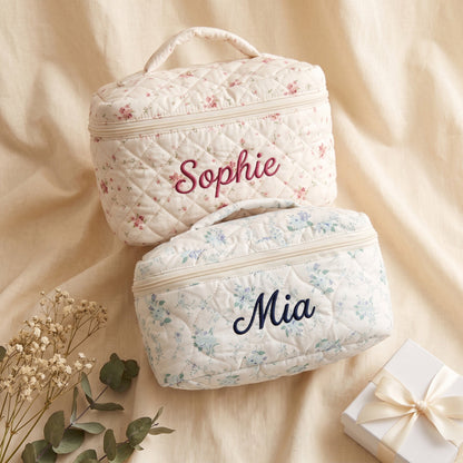 Personalised Diamond Quilted Ditsy Floral Makeup Bag - Blue Floral with custom name embroidery | SweetCarry