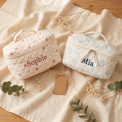Personalised Diamond Quilted Ditsy Floral Makeup Bag - Blue Floral print detail | SweetCarry