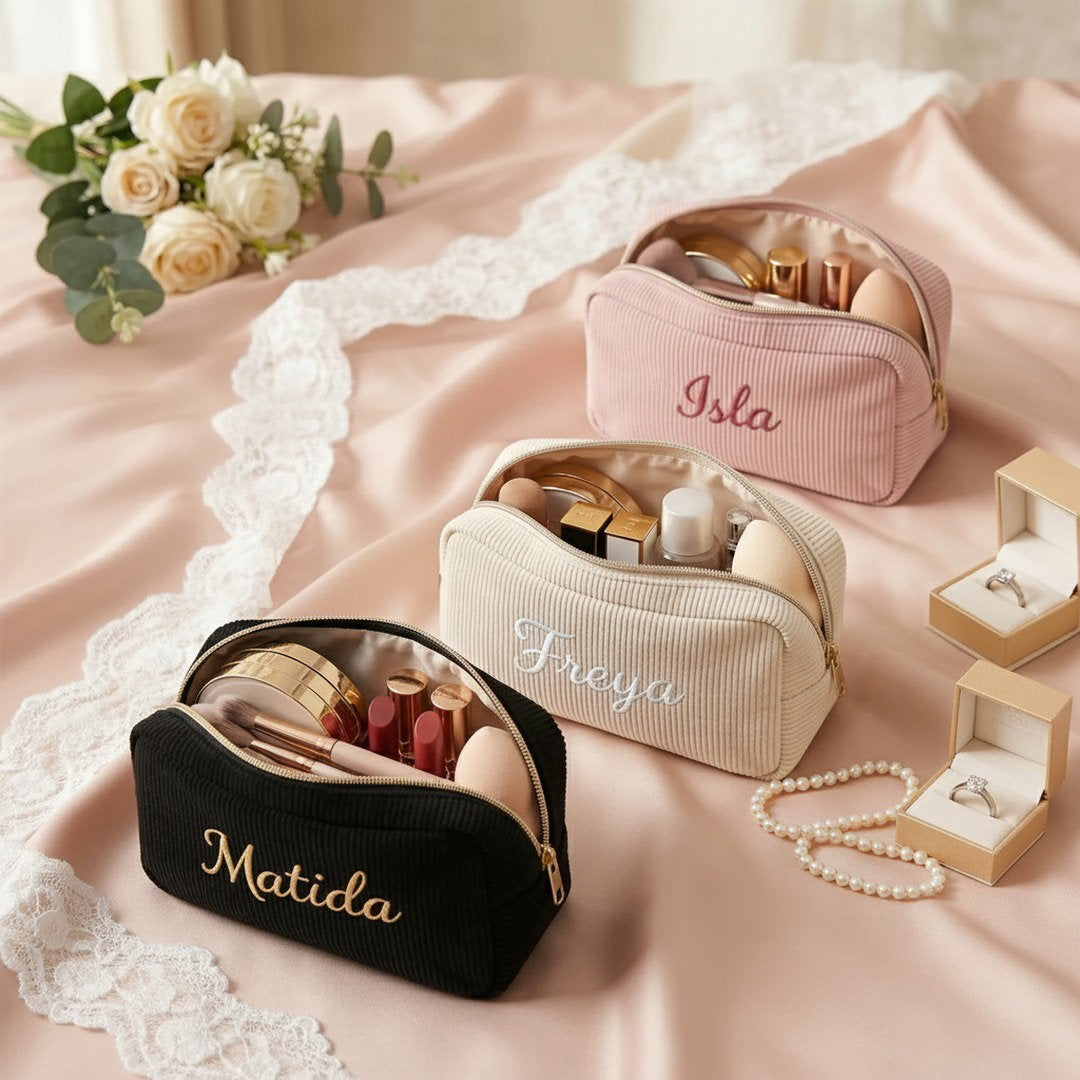 Personalised Embroidery Corduroy Makeup Bag — Custom Name Cosmetic Bag Gift for Her