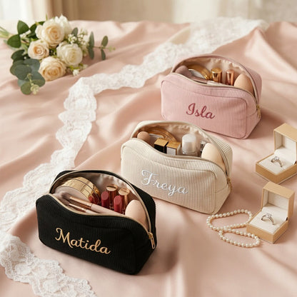 Personalised Embroidery Corduroy Makeup Bag — Custom Name Cosmetic Bag Gift for Her