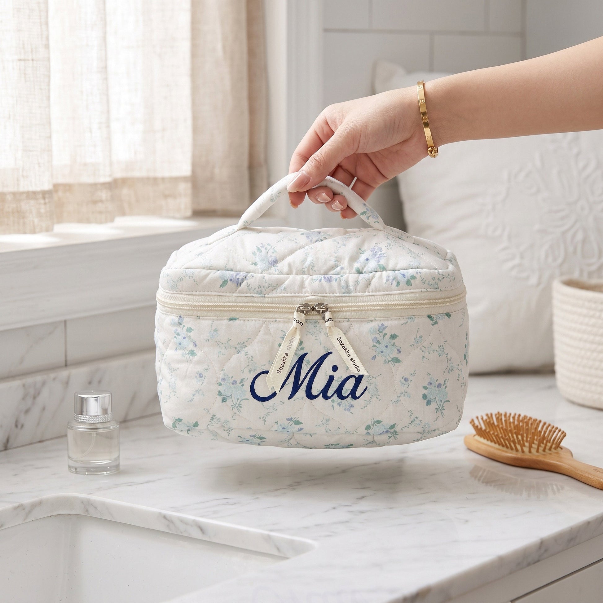 Personalised Diamond Quilted Ditsy Floral Makeup Bag - Pink Floral with custom name embroidery | SweetCarry