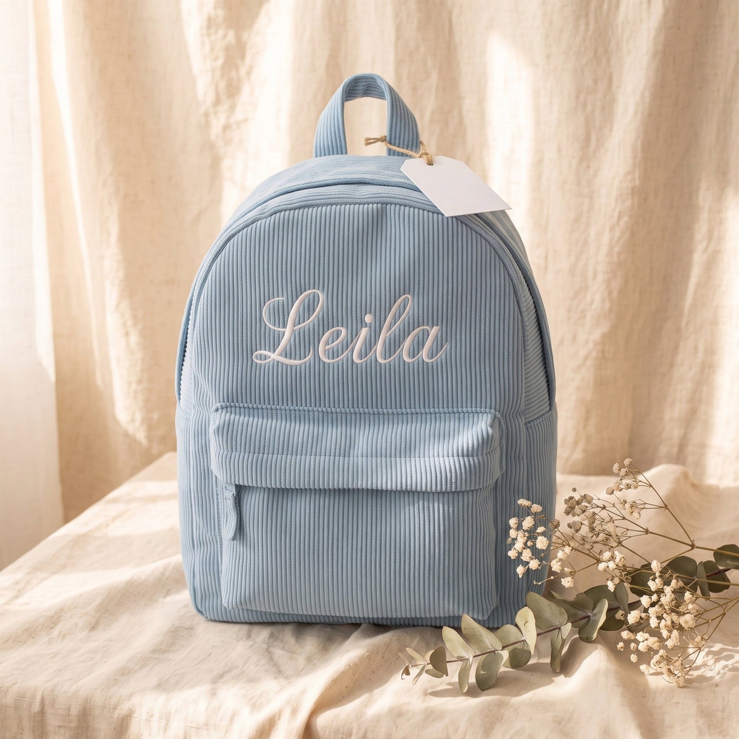Personalised kids backpack with rope zip pulls - custom embroidery gift