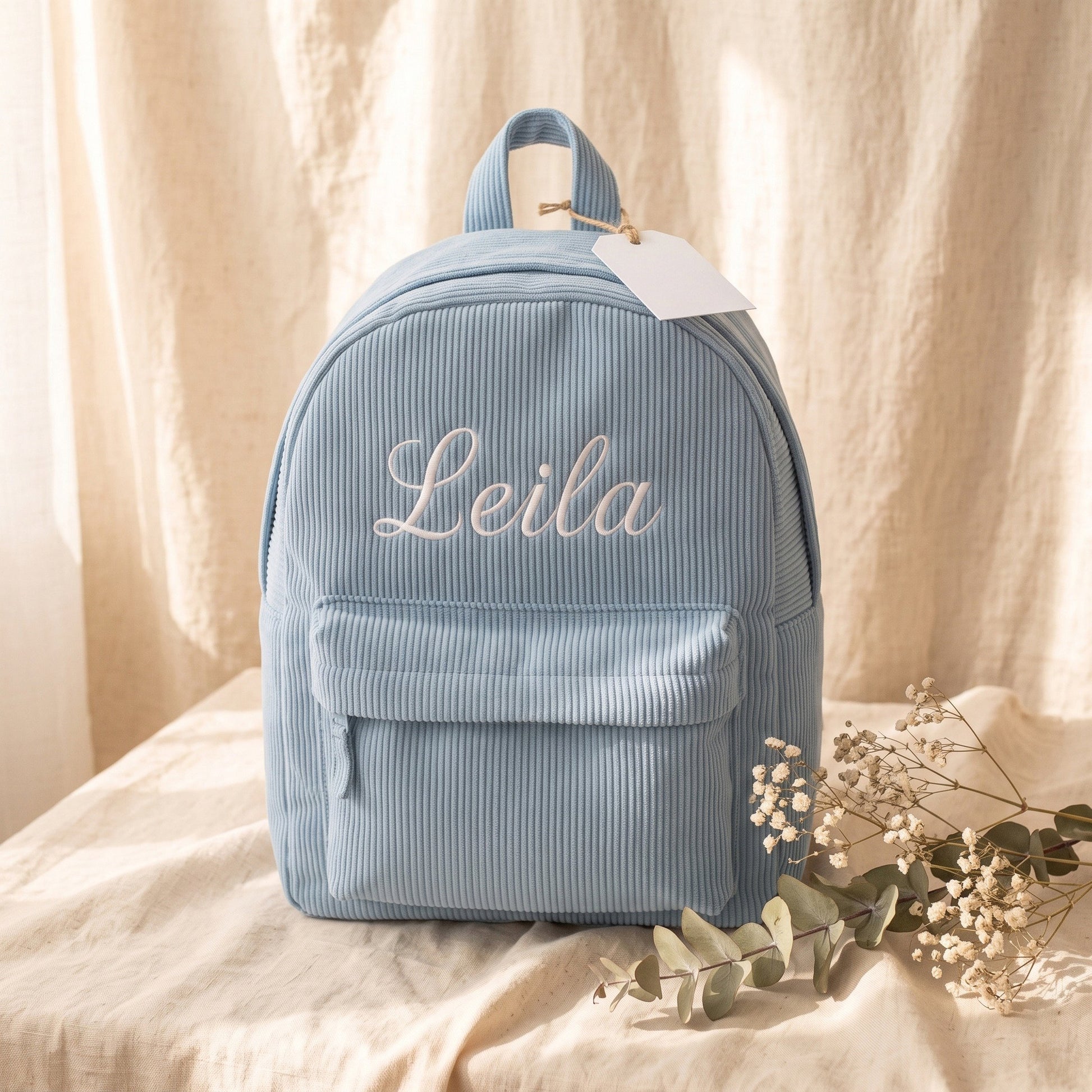 Personalised kids backpack with rope zip pulls - custom embroidery gift