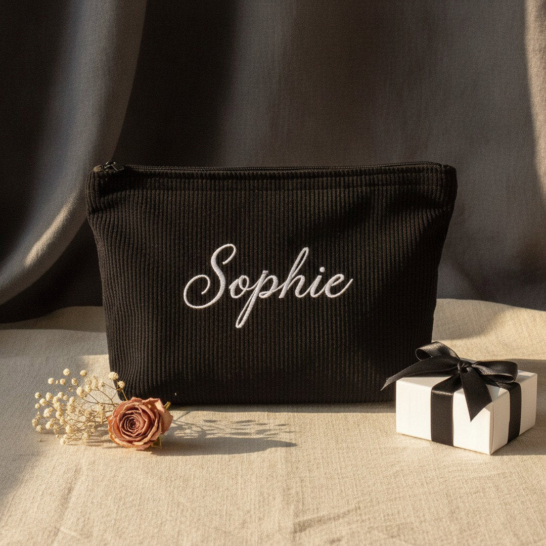 Personalised Wide Corduroy Makeup Bag — Custom Name Embroidery Cosmetic Bag | 12 Colours