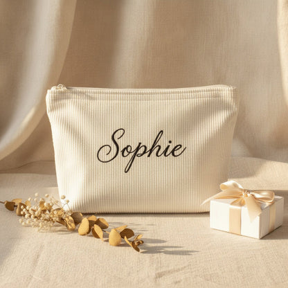Personalised Wide Corduroy Makeup Bag — Custom Name Embroidery Cosmetic Bag | 12 Colours