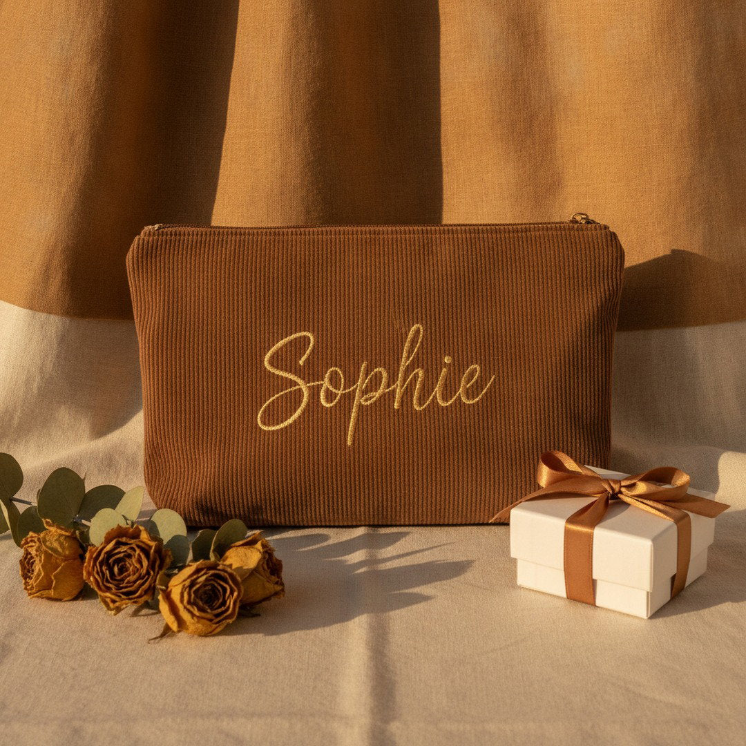 Personalised Wide Corduroy Makeup Bag — Custom Name Embroidery Cosmetic Bag | 12 Colours