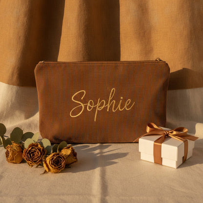 Personalised Wide Corduroy Makeup Bag — Custom Name Embroidery Cosmetic Bag | 12 Colours