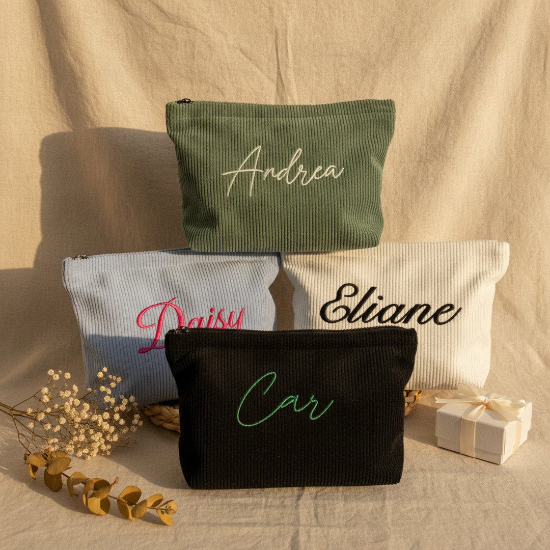 Personalised Wide Corduroy Makeup Bag — Custom Name Embroidery Cosmetic Bag | 12 Colours