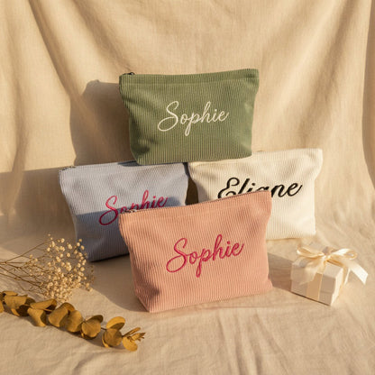 Personalised Wide Corduroy Makeup Bag — Custom Name Embroidery Cosmetic Bag | 12 Colours