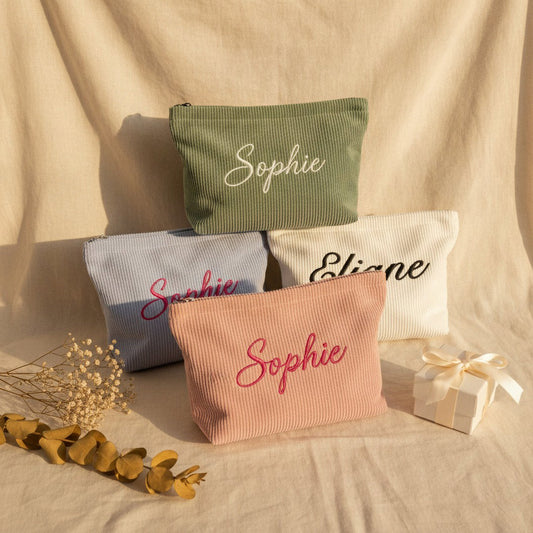 Personalised Wide Corduroy Makeup Bag — Custom Name Embroidery Cosmetic Bag | 12 Colours