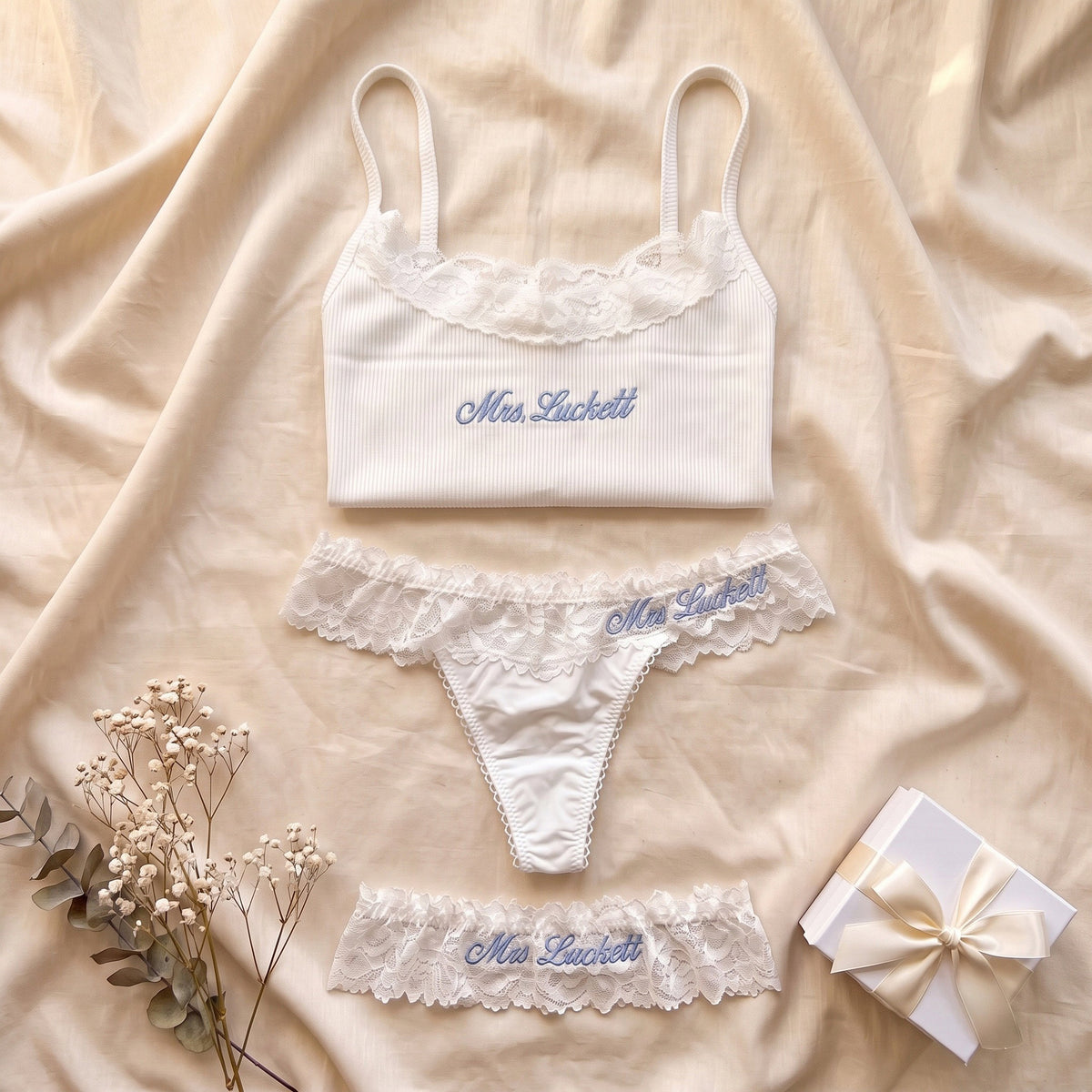 Personalised embroidered bridal lingerie set - three piece cami thong garter with Mrs name | SweetCarry