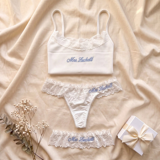 Personalised embroidered bridal lingerie set - three piece cami thong garter with Mrs name | SweetCarry