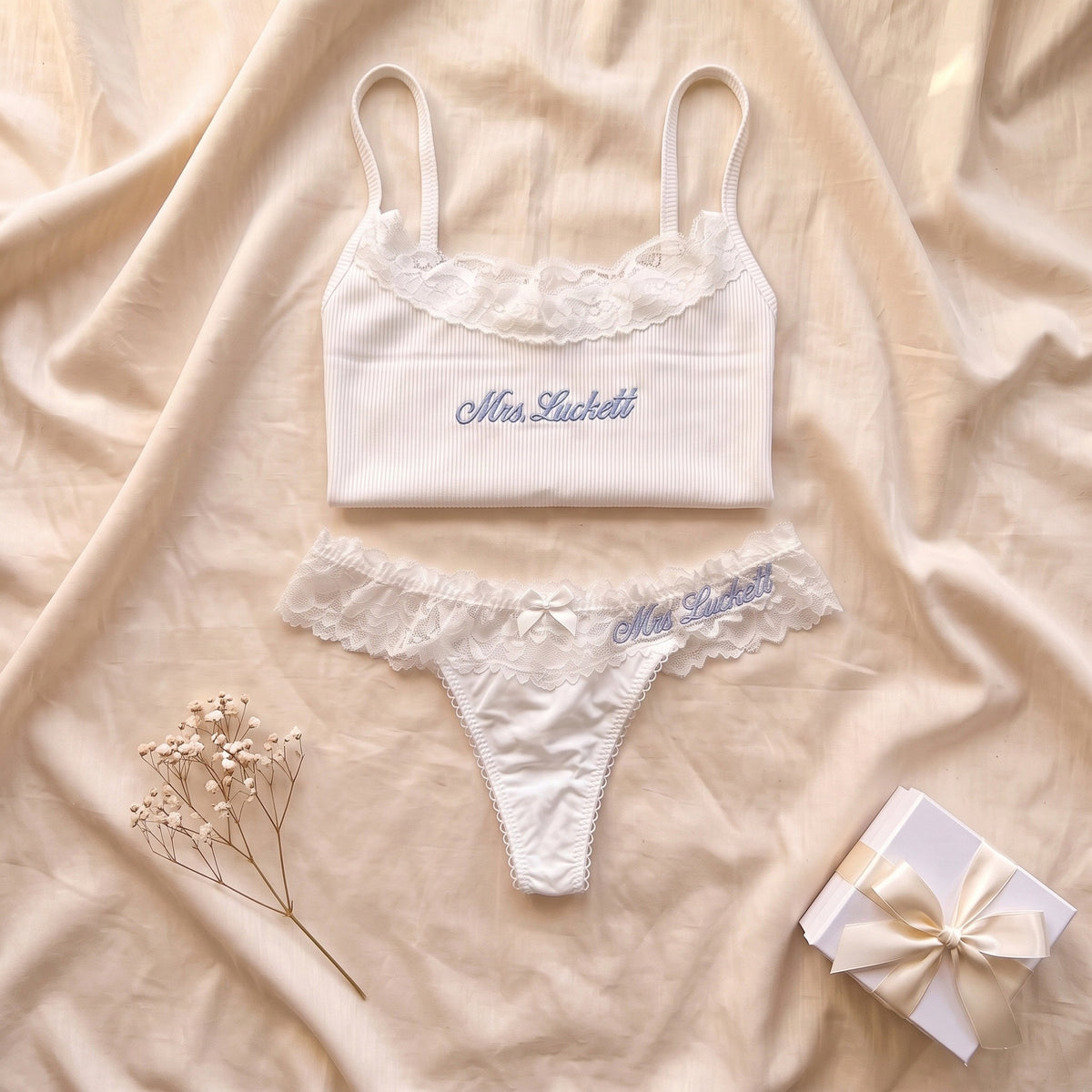 Personalised embroidered bridal lingerie gift box - cami thong and garter set | SweetCarry