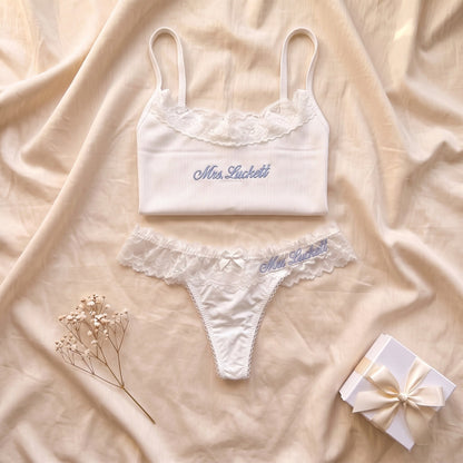 Personalised embroidered bridal lingerie gift box - cami thong and garter set | SweetCarry