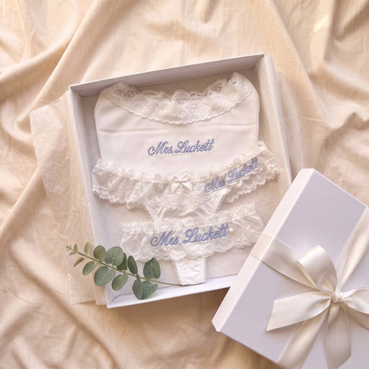 Personalised bridal cami and lace thong set - Mrs name embroidered in blue cursive | SweetCarry