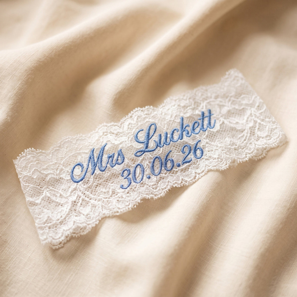Personalised bridal lingerie set flat-lay - white ribbed cami and lace thong with custom name | SweetCarry