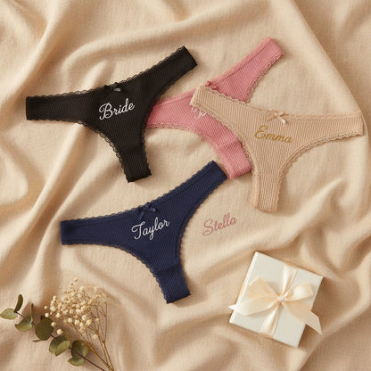 Personalised embroidered thong - Blush pink with Stella embroidered in dark pink cursive | SweetCarry