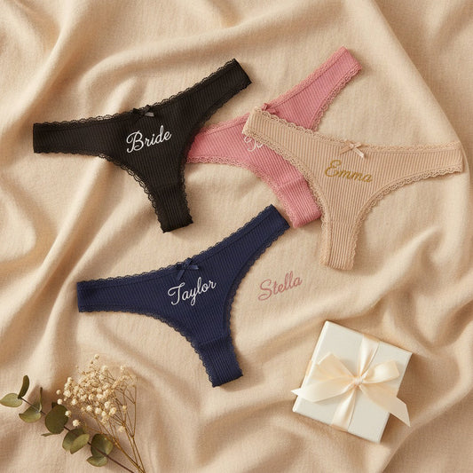 Personalised embroidered thong - Blush pink with Stella embroidered in dark pink cursive | SweetCarry