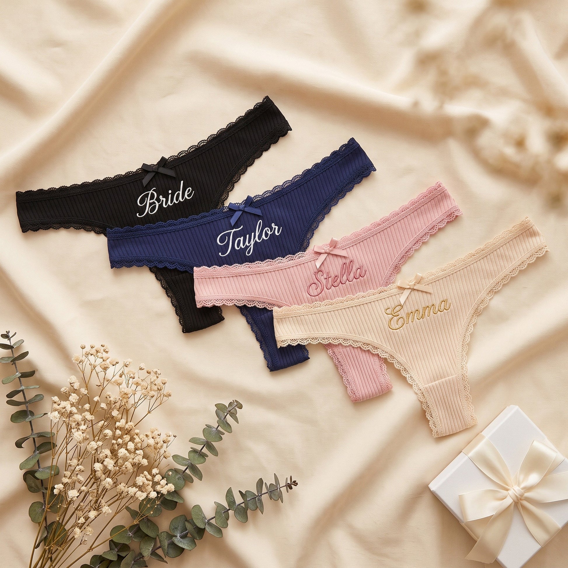 Personalised embroidered thong - White with custom name on waistband in teal cursive | SweetCarry