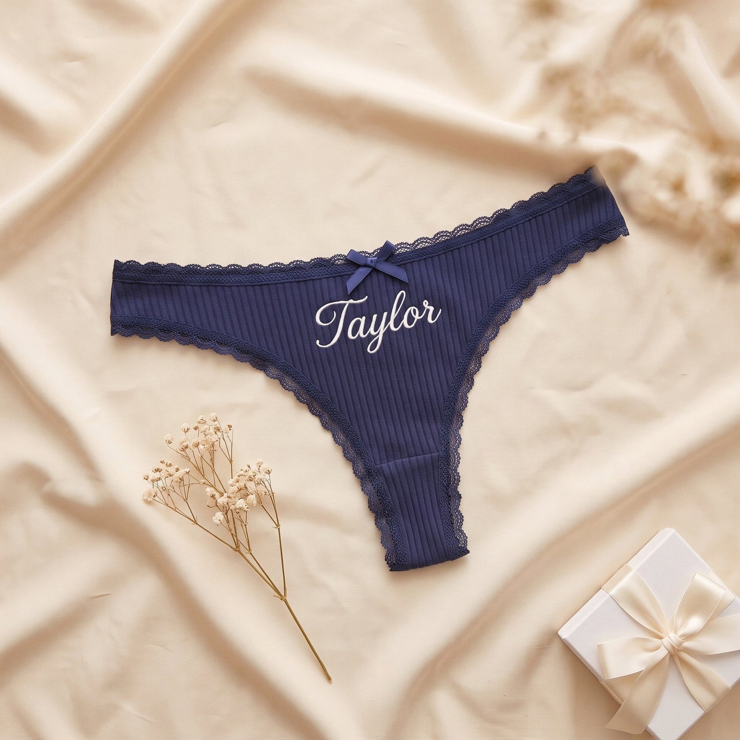 Personalised embroidered thong - close-up ribbed cotton lace trim and satin bow detail | SweetCarry