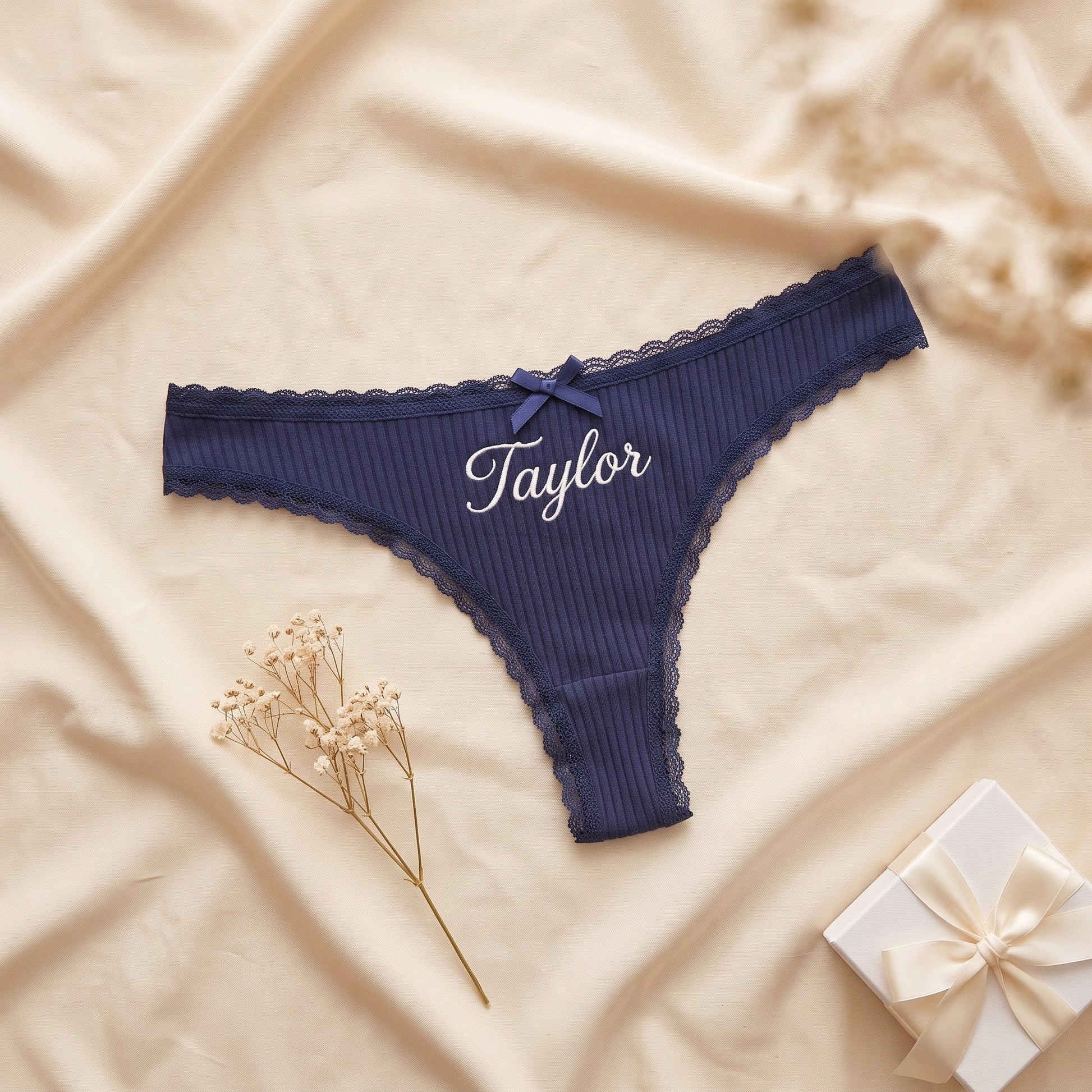 Personalised embroidered thong - close-up ribbed cotton lace trim and satin bow detail | SweetCarry
