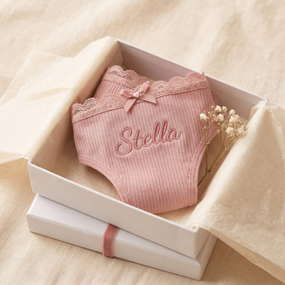 Personalised embroidered thong - Blush pink flat lay with pearl and lace props | SweetCarry