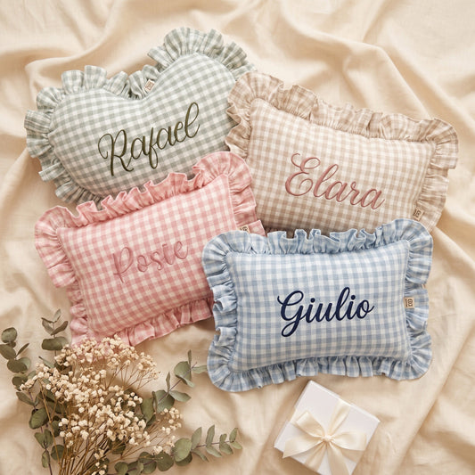 Personalised Embroidery Ruffle Cushion - custom name baby pillow | SweetCarry