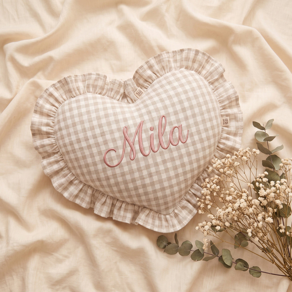 Personalised Ruffle Cushion with embroidered name - baby shower gift | SweetCarry