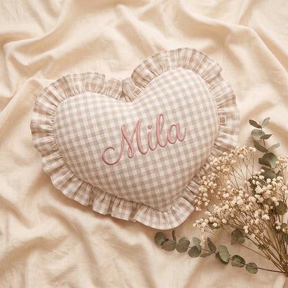 Personalised Ruffle Cushion with embroidered name - baby shower gift | SweetCarry