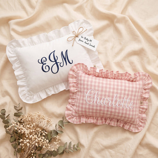 Personalised Ruffle Cushion colour options - 12 fabrics | SweetCarry