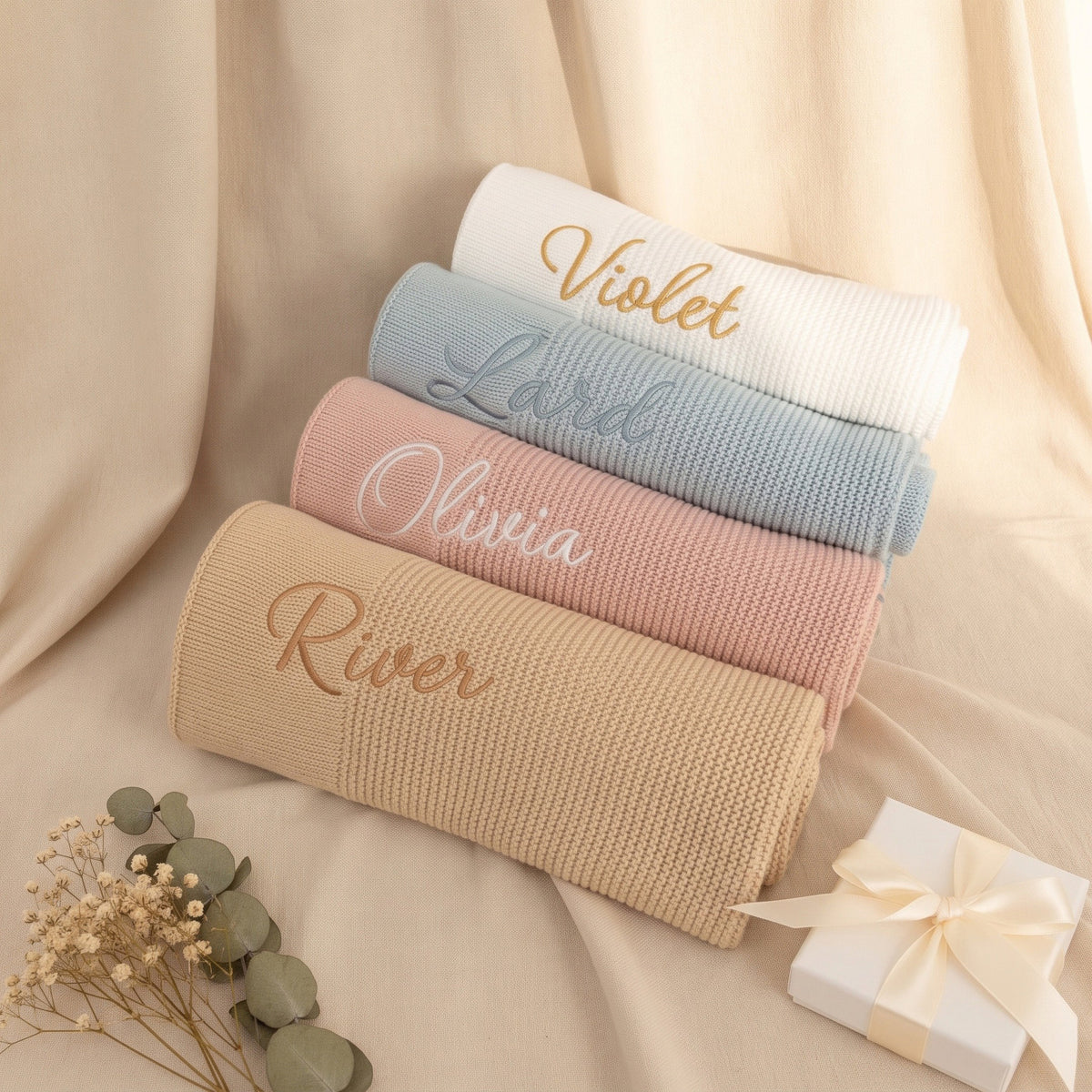 Personalised Knit Baby Blanket - custom name embroidered on wide border | SweetCarry