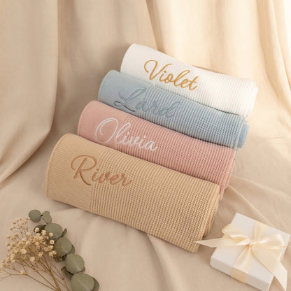 Personalised Knit Baby Blanket - custom name embroidered on wide border | SweetCarry