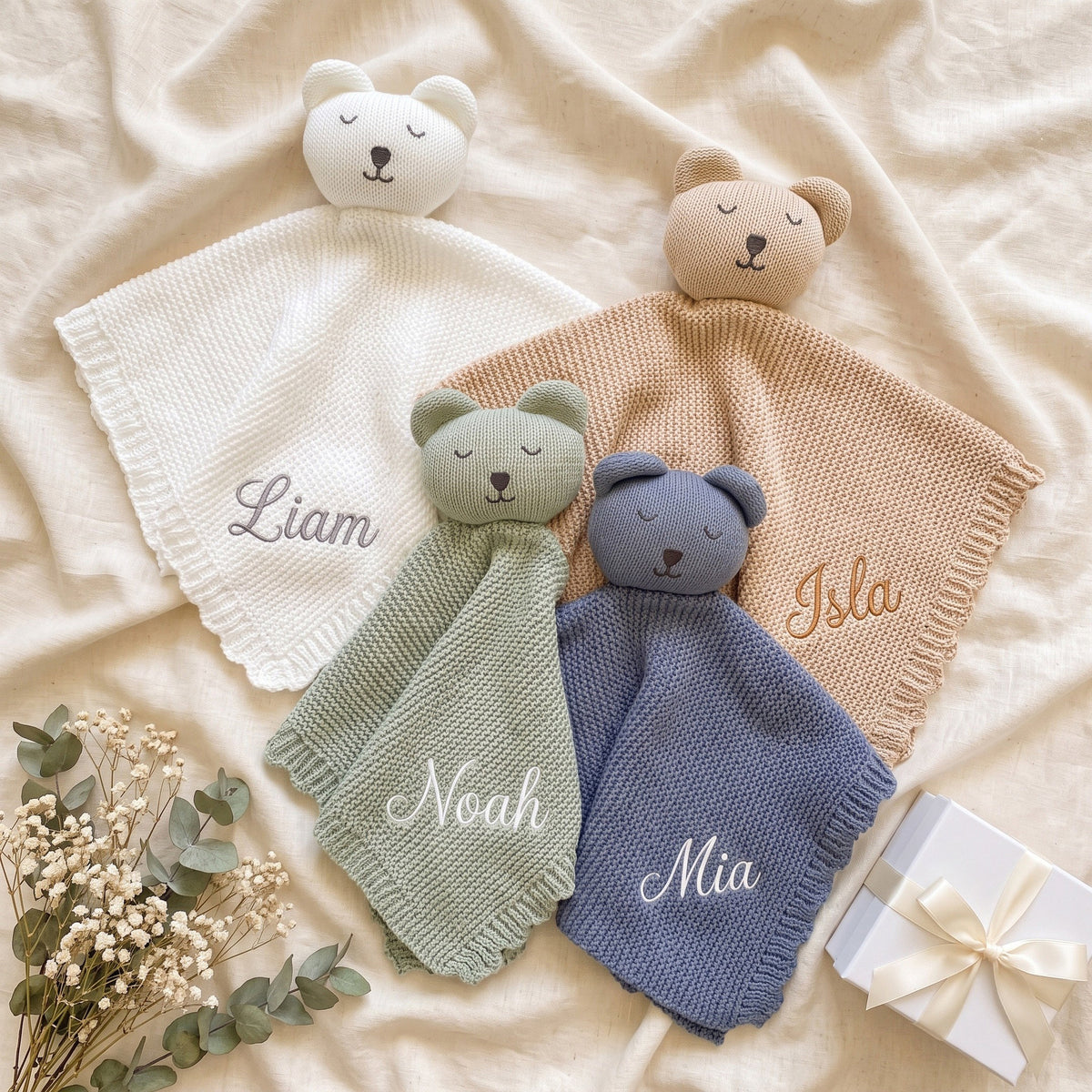 Personalised Knit Bear Lovey - custom name embroidered baby security blanket | SweetCarry
